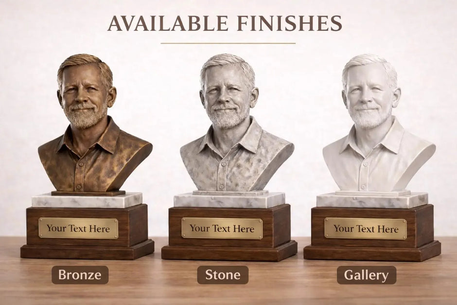 Custom Photo Bust Sculpture, Antique Bronze Finish, Walnut & Marble Base