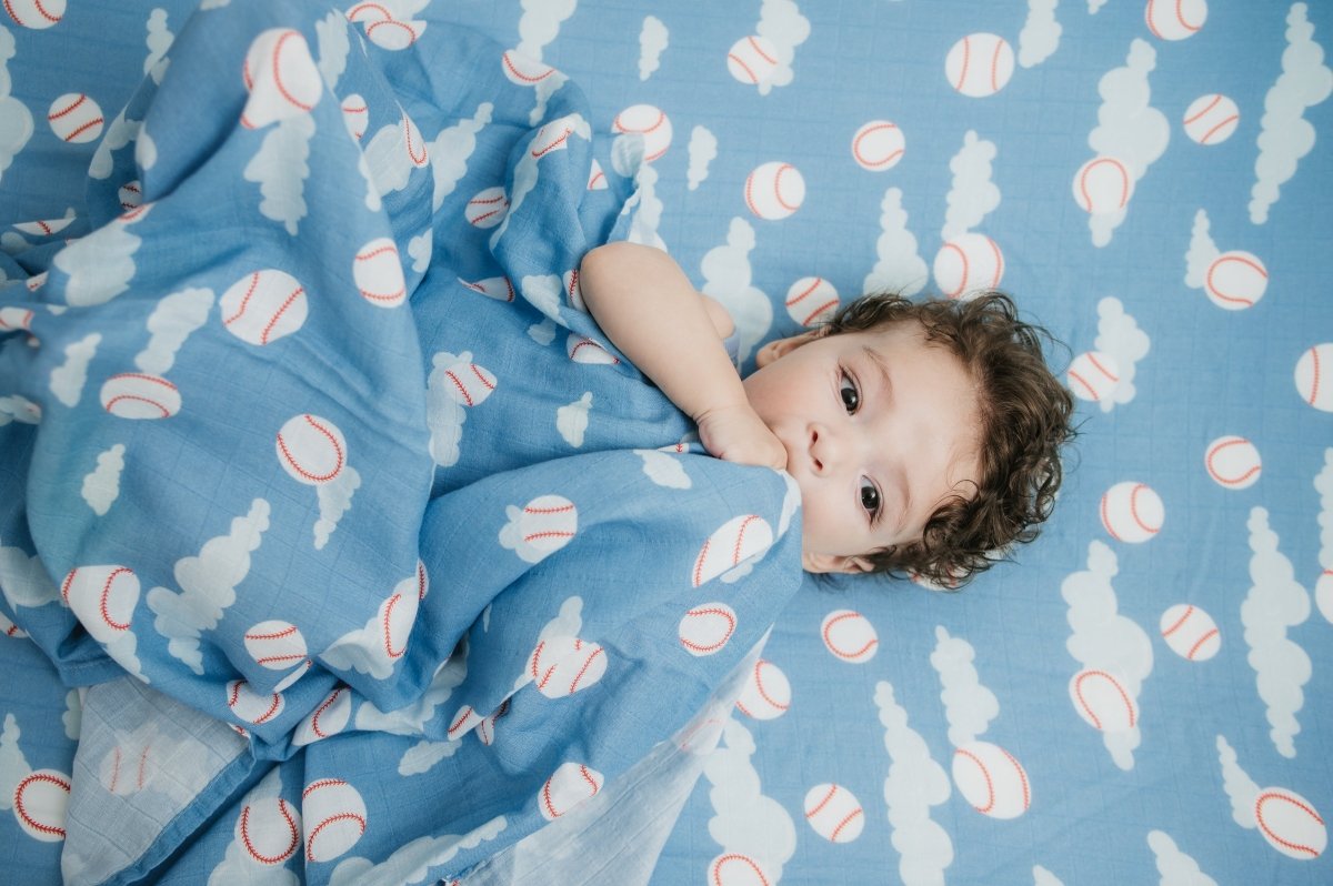Organic Bamboo Cotton Muslin Crib Sheet in Baseballs in the Sky - Crib Sheet - Custom Crafting Alliance, LLC