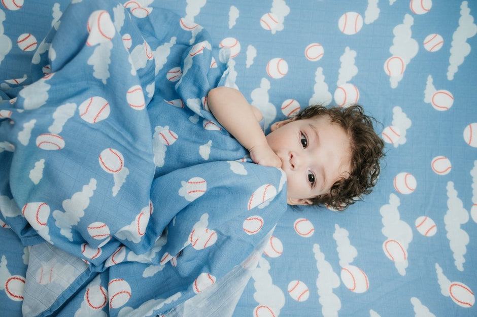 Organic Bamboo Cotton Muslin Crib Sheet in Baseballs in the Sky - Crib Sheet - Custom Crafting Alliance, LLC