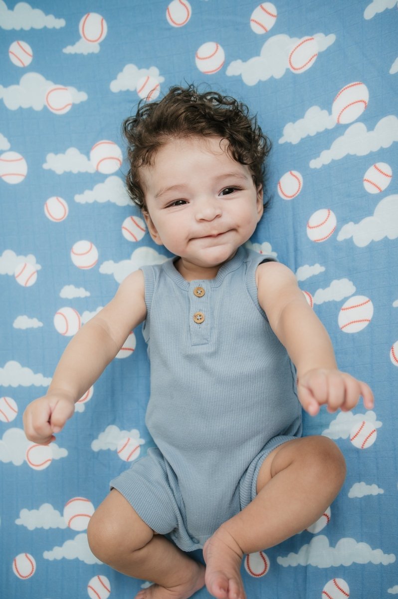 Organic Bamboo Cotton Muslin Crib Sheet in Baseballs in the Sky - Crib Sheet - Custom Crafting Alliance, LLC