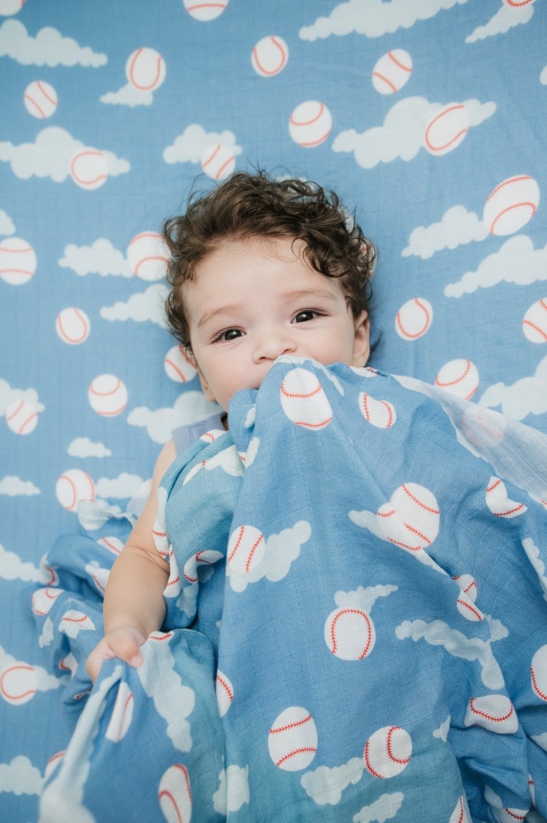 Organic Bamboo Cotton Muslin Crib Sheet in Baseballs in the Sky - Crib Sheet - Custom Crafting Alliance, LLC