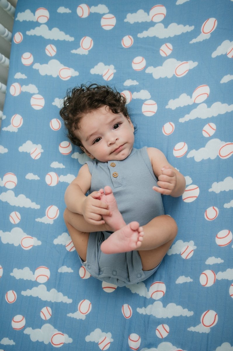 Organic Bamboo Cotton Muslin Crib Sheet in Baseballs in the Sky - Crib Sheet - Custom Crafting Alliance, LLC