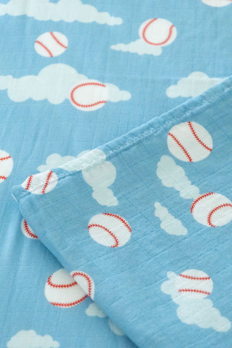 Organic Bamboo Cotton Muslin Crib Sheet in Baseballs in the Sky - Crib Sheet - Custom Crafting Alliance, LLC
