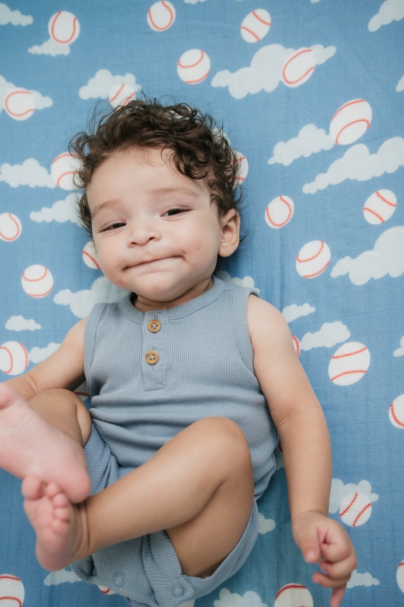 Organic Bamboo Cotton Muslin Crib Sheet in Baseballs in the Sky - Crib Sheet - Custom Crafting Alliance, LLC