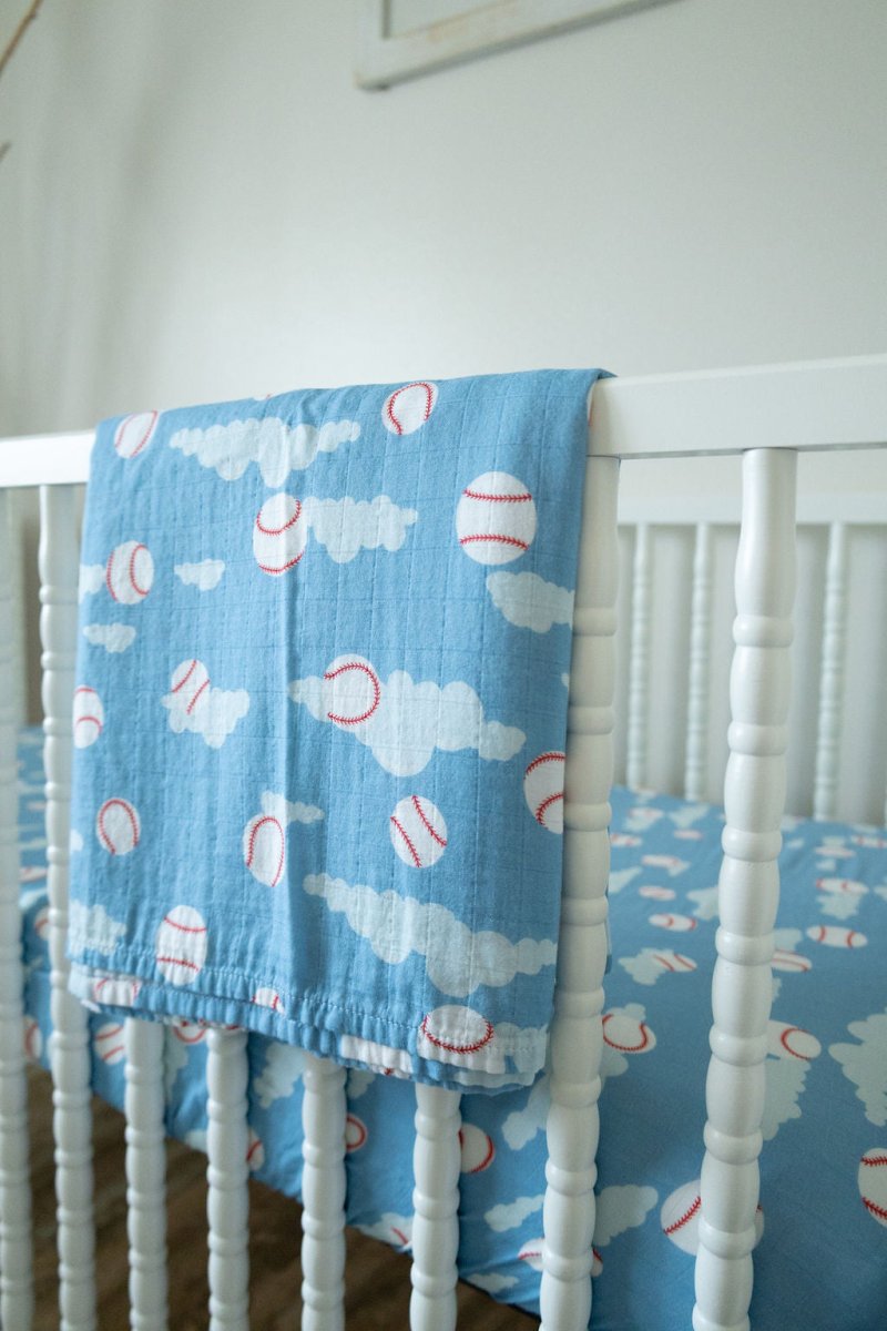 Organic Bamboo Cotton Muslin Crib Sheet in Baseballs in the Sky - Crib Sheet - Custom Crafting Alliance, LLC