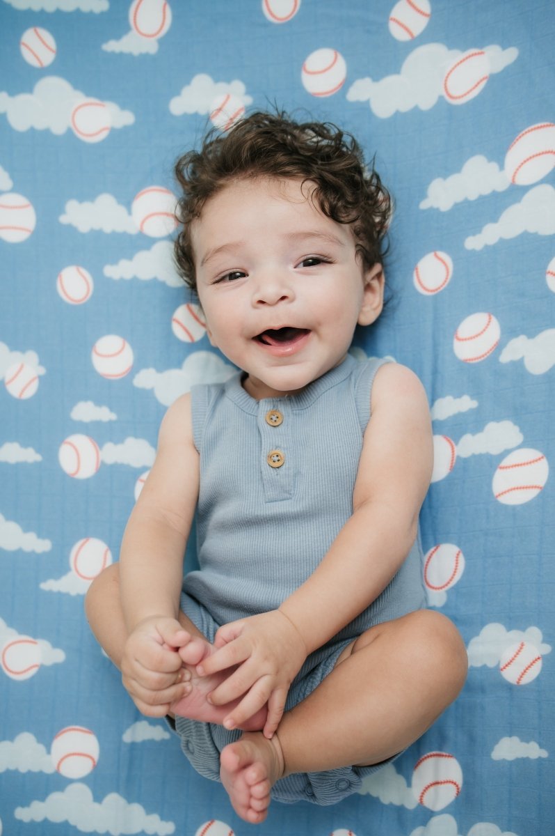 Organic Bamboo Cotton Muslin Crib Sheet in Baseballs in the Sky - Crib Sheet - Custom Crafting Alliance, LLC