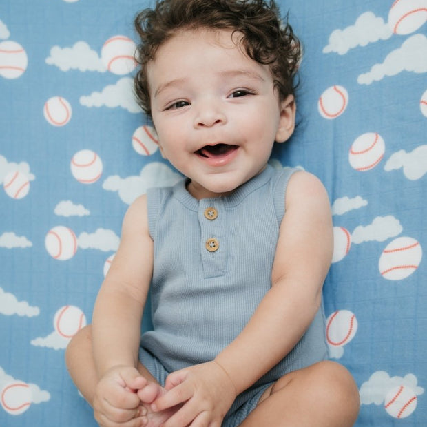 Organic Bamboo Cotton Muslin Crib Sheet in Baseballs in the Sky - Crib Sheet - Custom Crafting Alliance, LLC