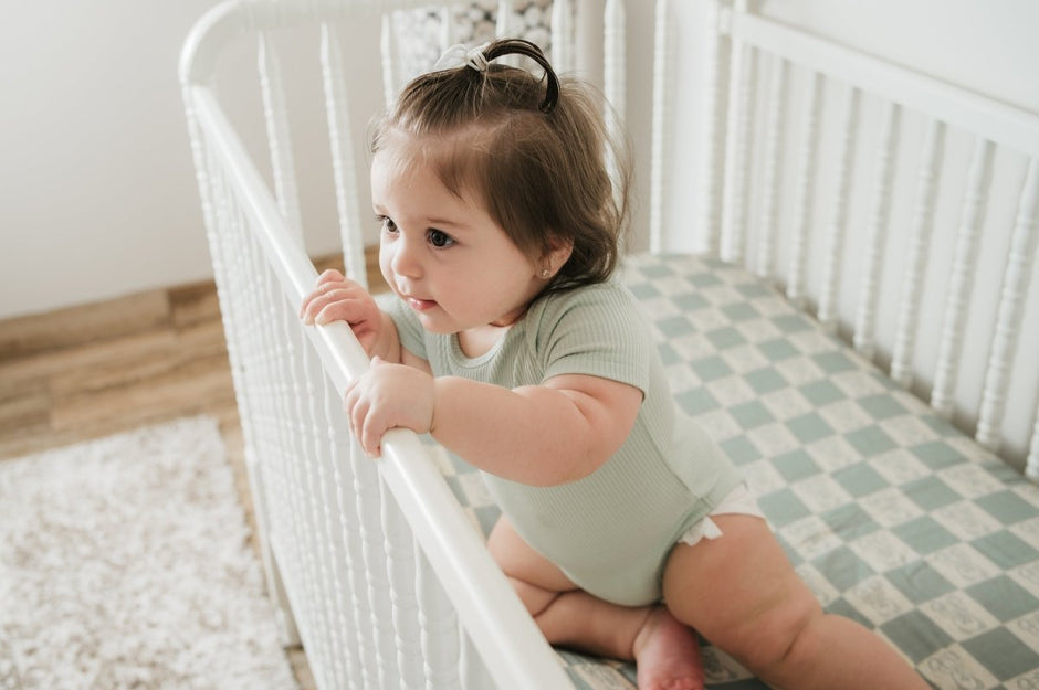 Organic Bamboo Cotton Muslin Crib Sheet in Checkered Bears - Crib Sheet - Custom Crafting Alliance, LLC