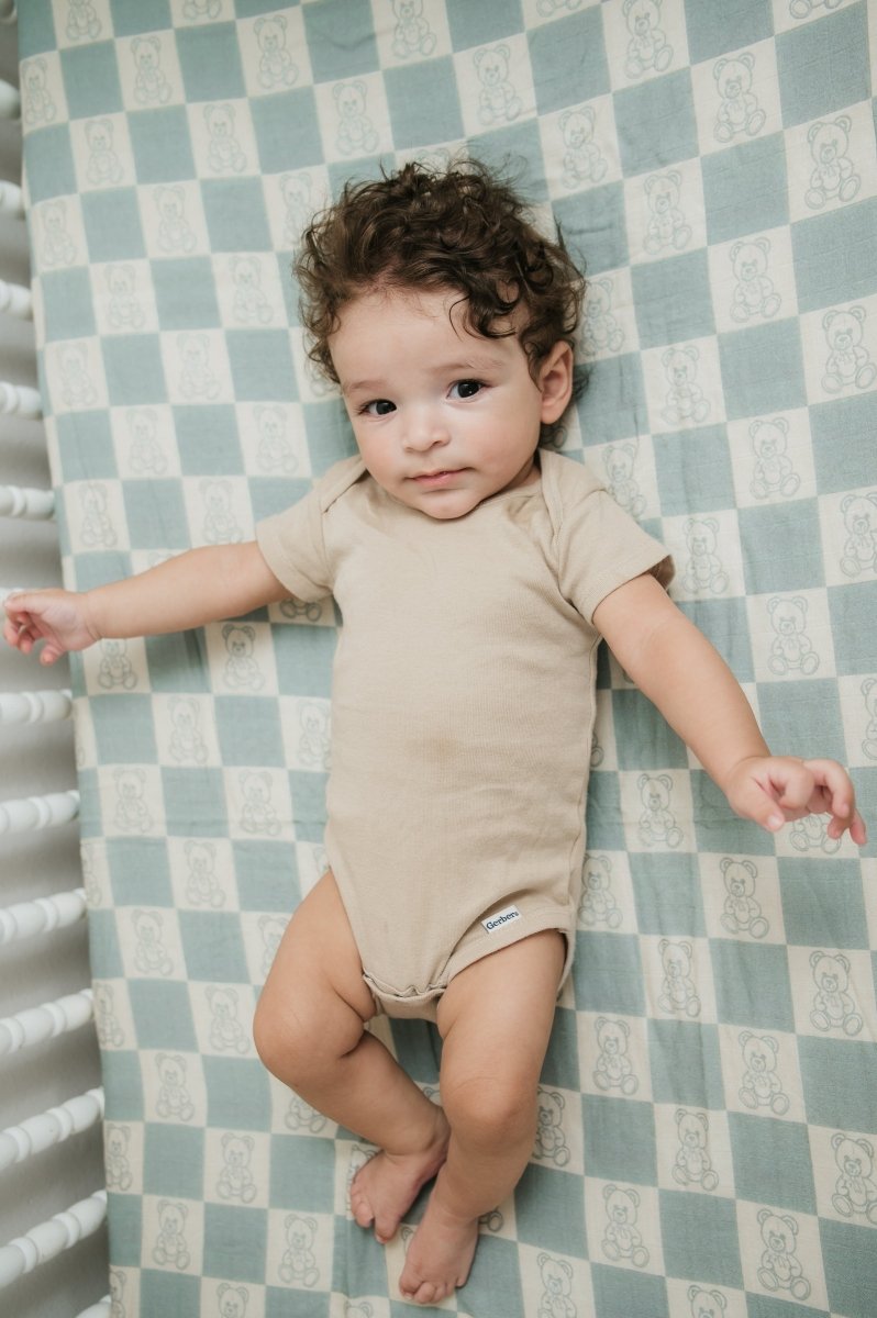 Organic Bamboo Cotton Muslin Crib Sheet in Checkered Bears - Crib Sheet - Custom Crafting Alliance, LLC