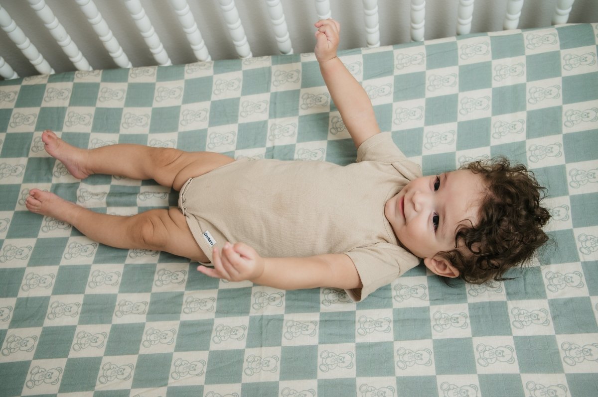 Organic Bamboo Cotton Muslin Crib Sheet in Checkered Bears - Crib Sheet - Custom Crafting Alliance, LLC