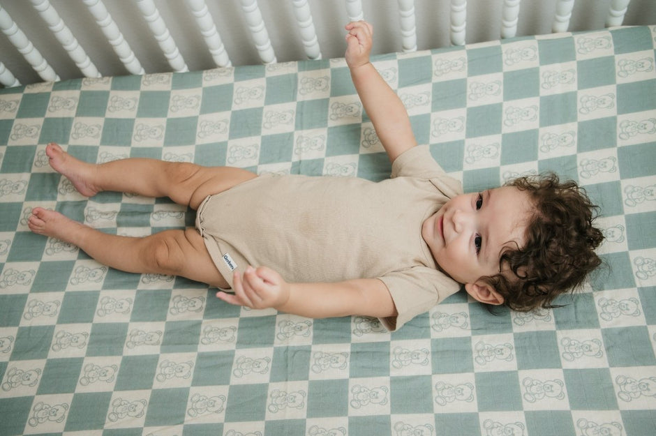 Organic Bamboo Cotton Muslin Crib Sheet in Checkered Bears - Crib Sheet - Custom Crafting Alliance, LLC