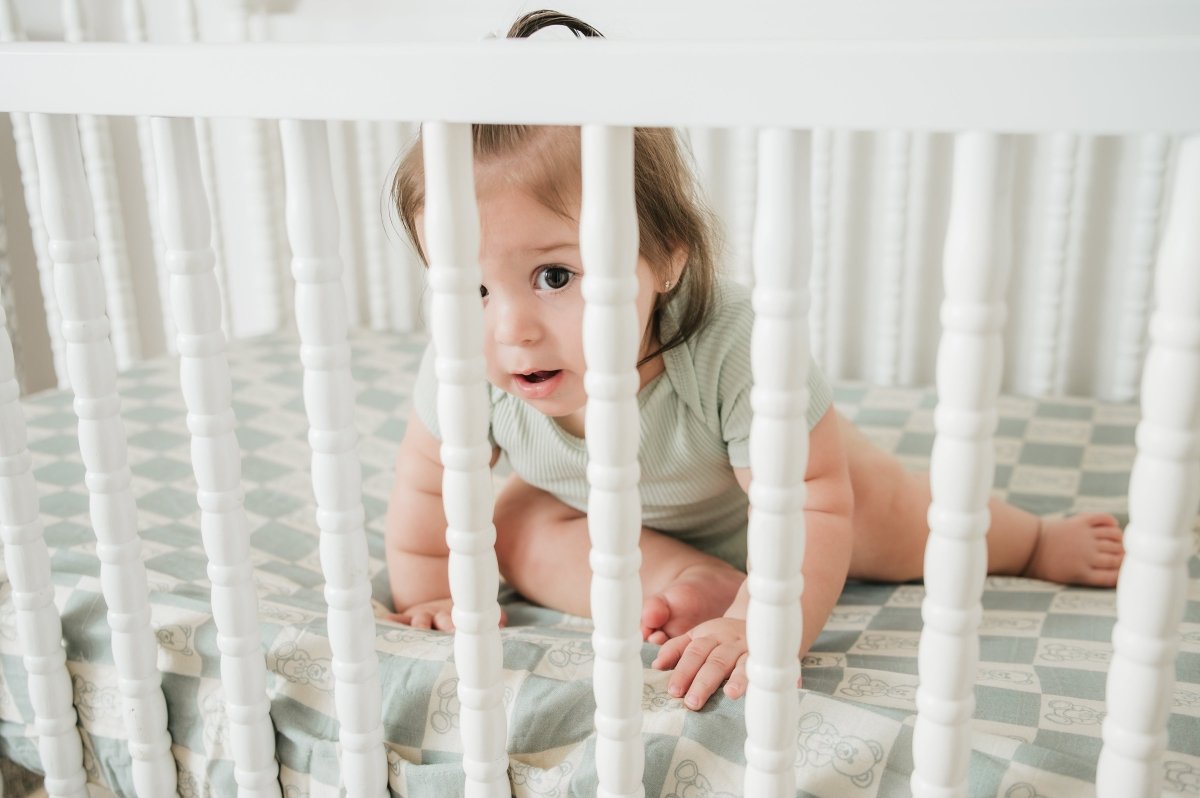 Organic Bamboo Cotton Muslin Crib Sheet in Checkered Bears - Crib Sheet - Custom Crafting Alliance, LLC