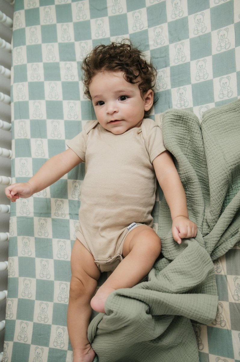 Organic Bamboo Cotton Muslin Crib Sheet in Checkered Bears - Crib Sheet - Custom Crafting Alliance, LLC