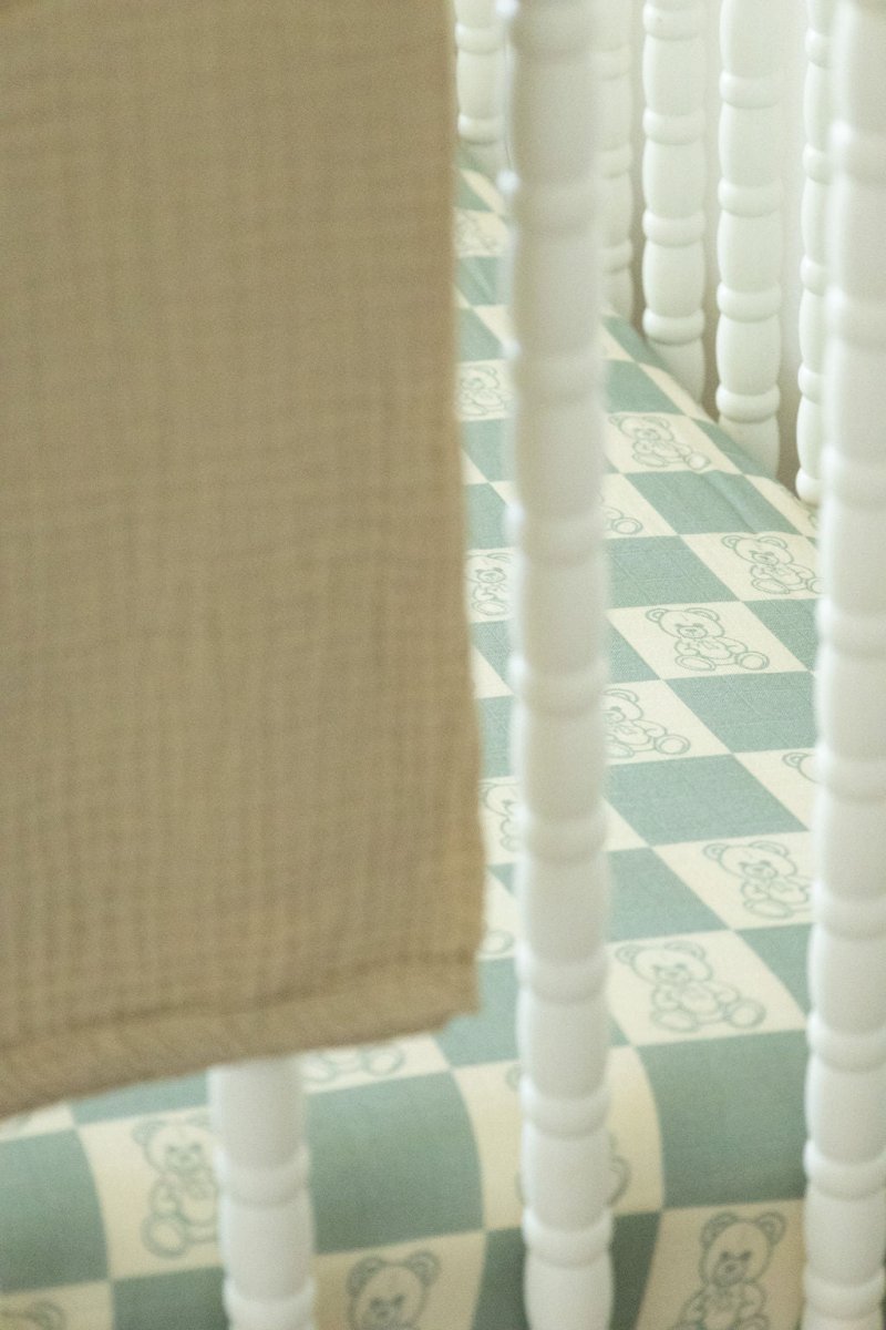 Organic Bamboo Cotton Muslin Crib Sheet in Checkered Bears - Crib Sheet - Custom Crafting Alliance, LLC