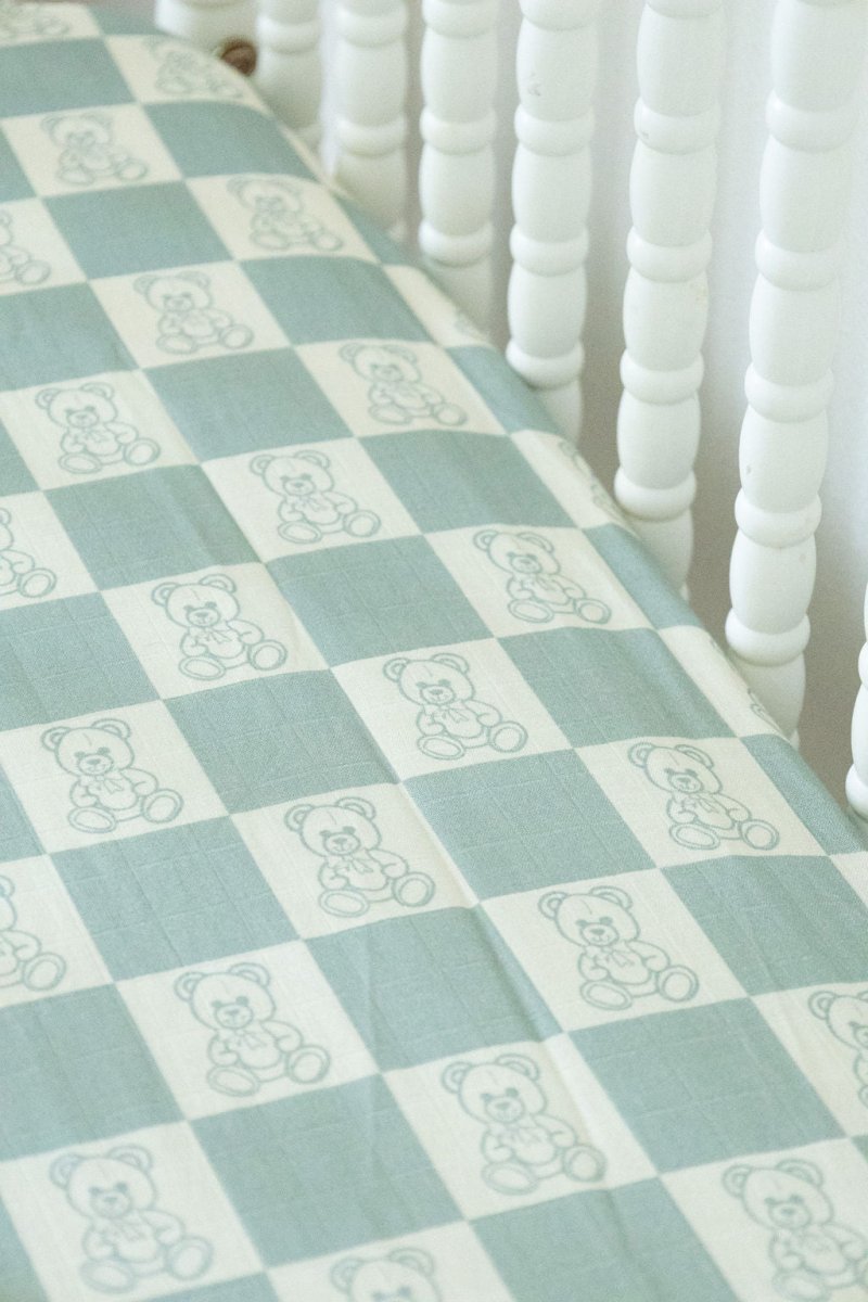 Organic Bamboo Cotton Muslin Crib Sheet in Checkered Bears - Crib Sheet - Custom Crafting Alliance, LLC