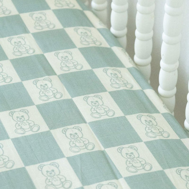 Organic Bamboo Cotton Muslin Crib Sheet in Checkered Bears - Crib Sheet - Custom Crafting Alliance, LLC
