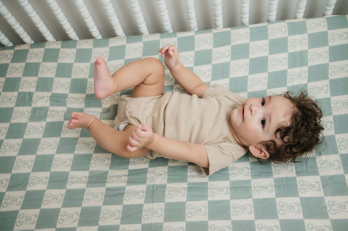 Organic Bamboo Cotton Muslin Crib Sheet in Checkered Bears - Crib Sheet - Custom Crafting Alliance, LLC