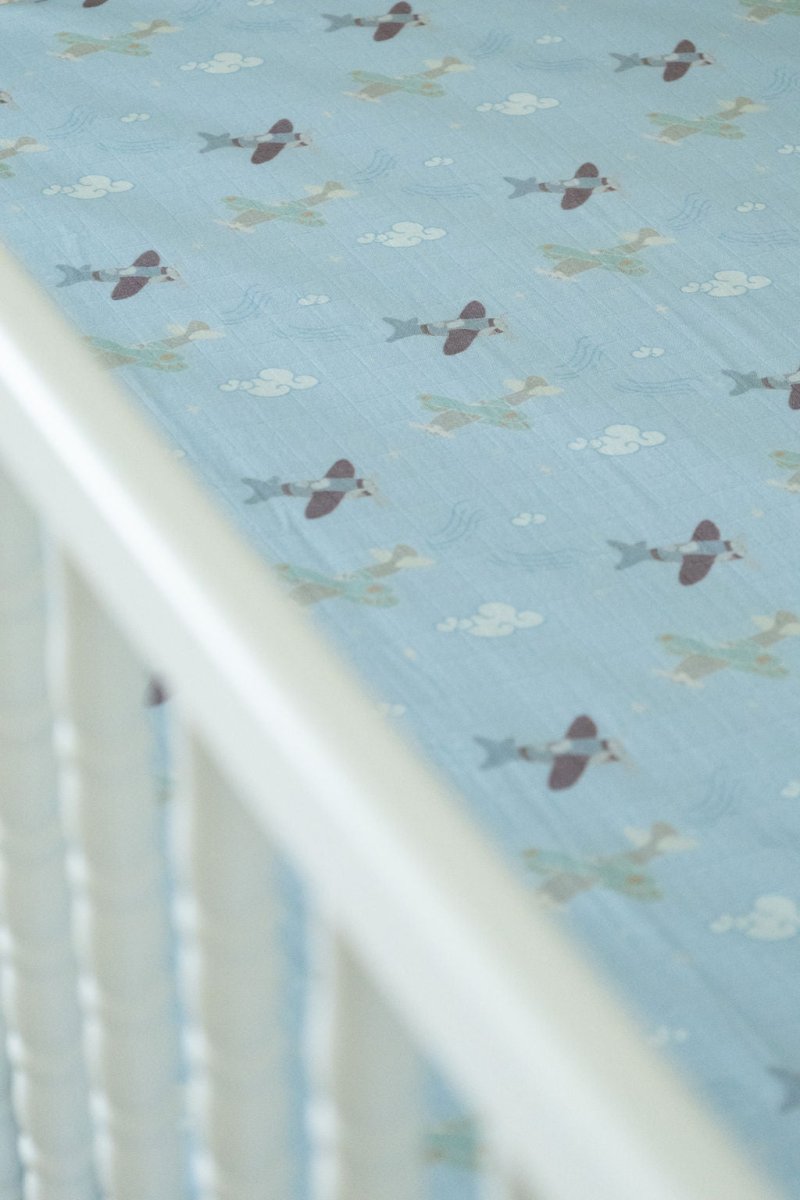 Organic Bamboo Cotton Muslin Crib Sheet in Dreamy Planes - Crib Sheet - Custom Crafting Alliance, LLC