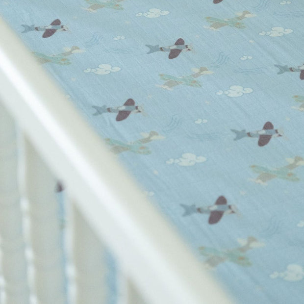 Organic Bamboo Cotton Muslin Crib Sheet in Dreamy Planes - Crib Sheet - Custom Crafting Alliance, LLC
