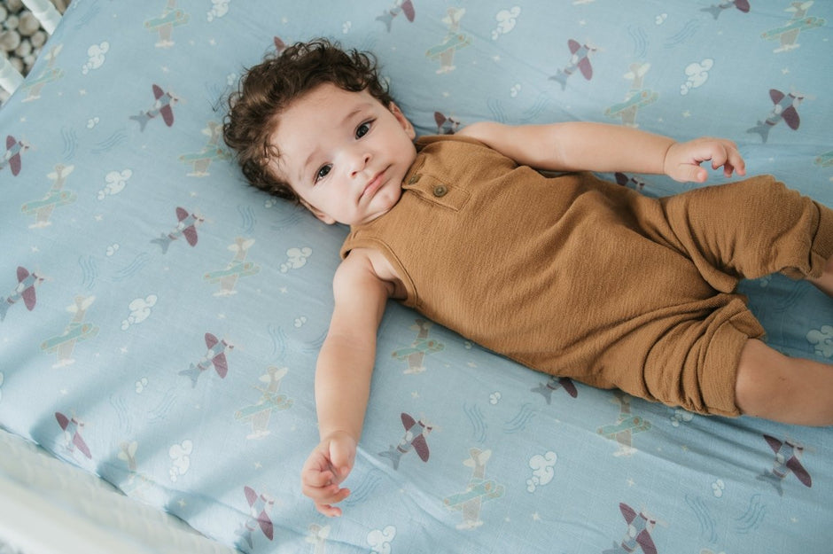 Organic Bamboo Cotton Muslin Crib Sheet in Dreamy Planes - Crib Sheet - Custom Crafting Alliance, LLC