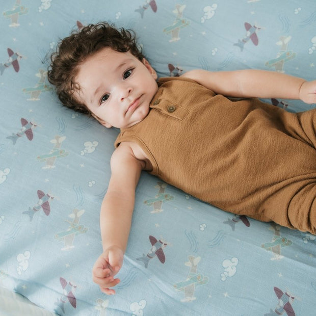 Organic Bamboo Cotton Muslin Crib Sheet in Dreamy Planes - Crib Sheet - Custom Crafting Alliance, LLC