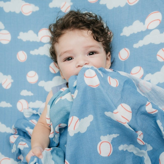 Organic Bamboo Cotton Muslin Swaddle Blanket in Baseballs in the Sky - Baby & Toddler Blankets - Custom Crafting Alliance, LLC