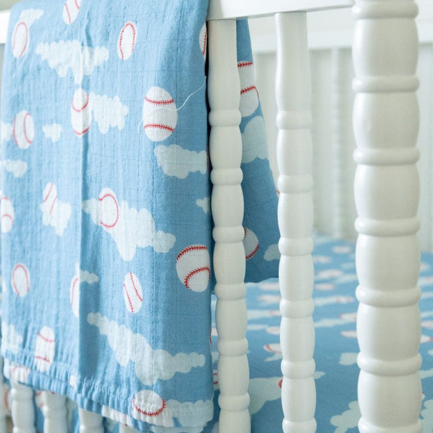 Organic Bamboo Cotton Muslin Swaddle Blanket in Baseballs in the Sky - Baby & Toddler Blankets - Custom Crafting Alliance, LLC