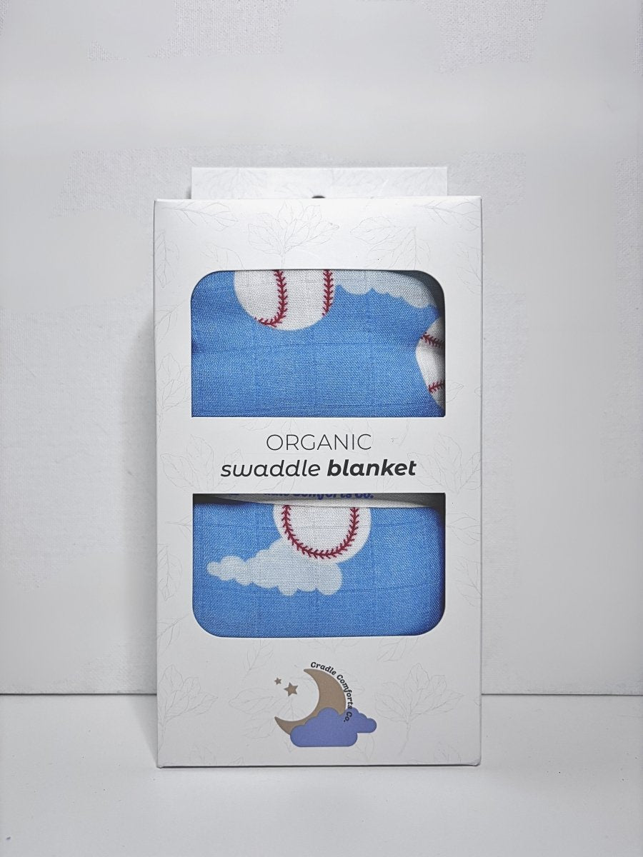 Organic Bamboo Cotton Muslin Swaddle Blanket in Baseballs in the Sky - Baby & Toddler Blankets - Custom Crafting Alliance, LLC