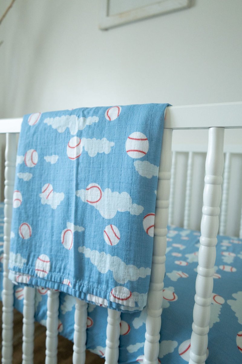 Organic Bamboo Cotton Muslin Swaddle Blanket in Baseballs in the Sky - Baby & Toddler Blankets - Custom Crafting Alliance, LLC