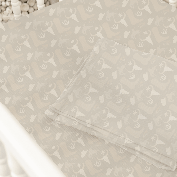 Organic Cotton Gauze Muslin Crib Sheet in Yippee Ki Yay Cowboy - Crib Sheet - Custom Crafting Alliance, LLC