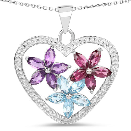 2.35 Carat Genuine Amethyst, Swiss Blue Topaz and Rhodolite .925 Sterling Silver Pendant