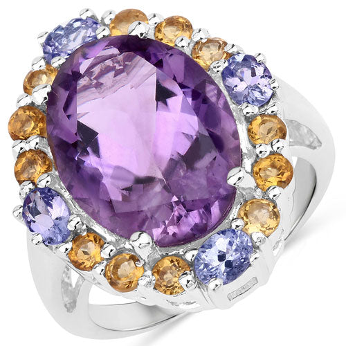 "9.66 Carat Genuine Amethyst, Citrine and Tanzanite .925 Sterling Silver Ring
