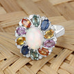 3.92 Carat Genuine Ethiopian Opal, Multi Sapphire and White Diamond .925 Sterling Silver Ring