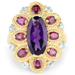 14K Yellow Gold Plated 6.80 Carat Genuine Amethyst, Rhodolite & Blue Topaz .925 Sterling Silver Ring