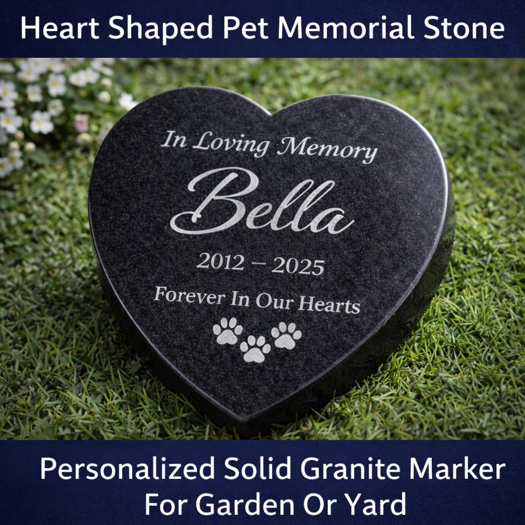 Personalized Granite Pet Memorial Heart Stone, Engraved Pet Grave Marker