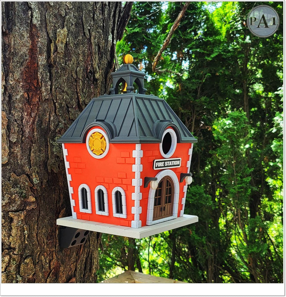 Fire Station Birdhouse, Decorative Firefighter Gift, 3D Printed USA Garden Decor