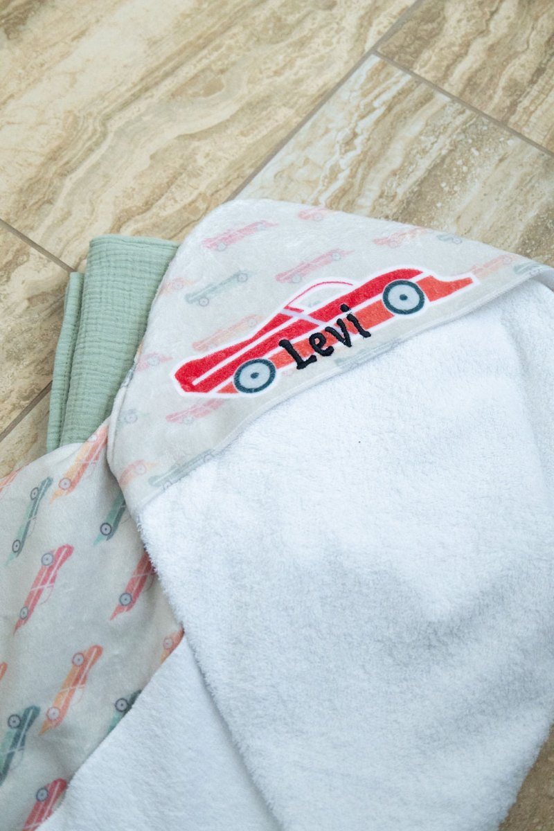 Zoomies Race Car Hooded Baby Towel - Hooded Towels - Custom Crafting Alliance, LLC
